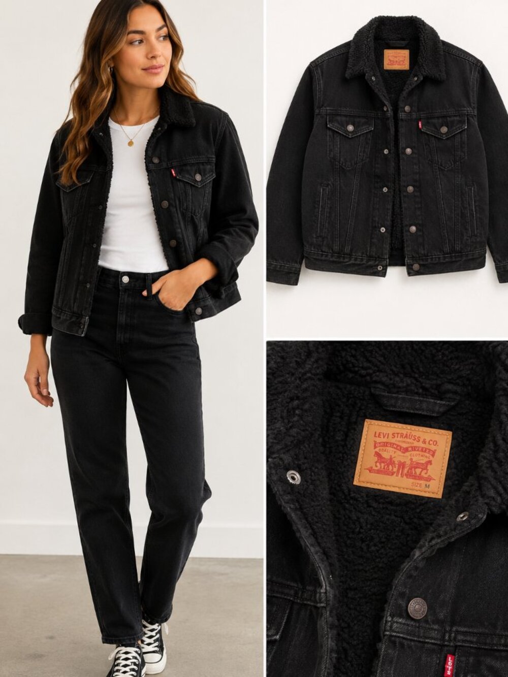 Levi's Black Sherpa Ex-Boyfriend Trucker Jacket Women's Size M Denim Coat